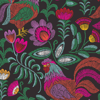 The original Inkkas Rooster artwork: hand-drawn roosters and bright flowers on a black ground