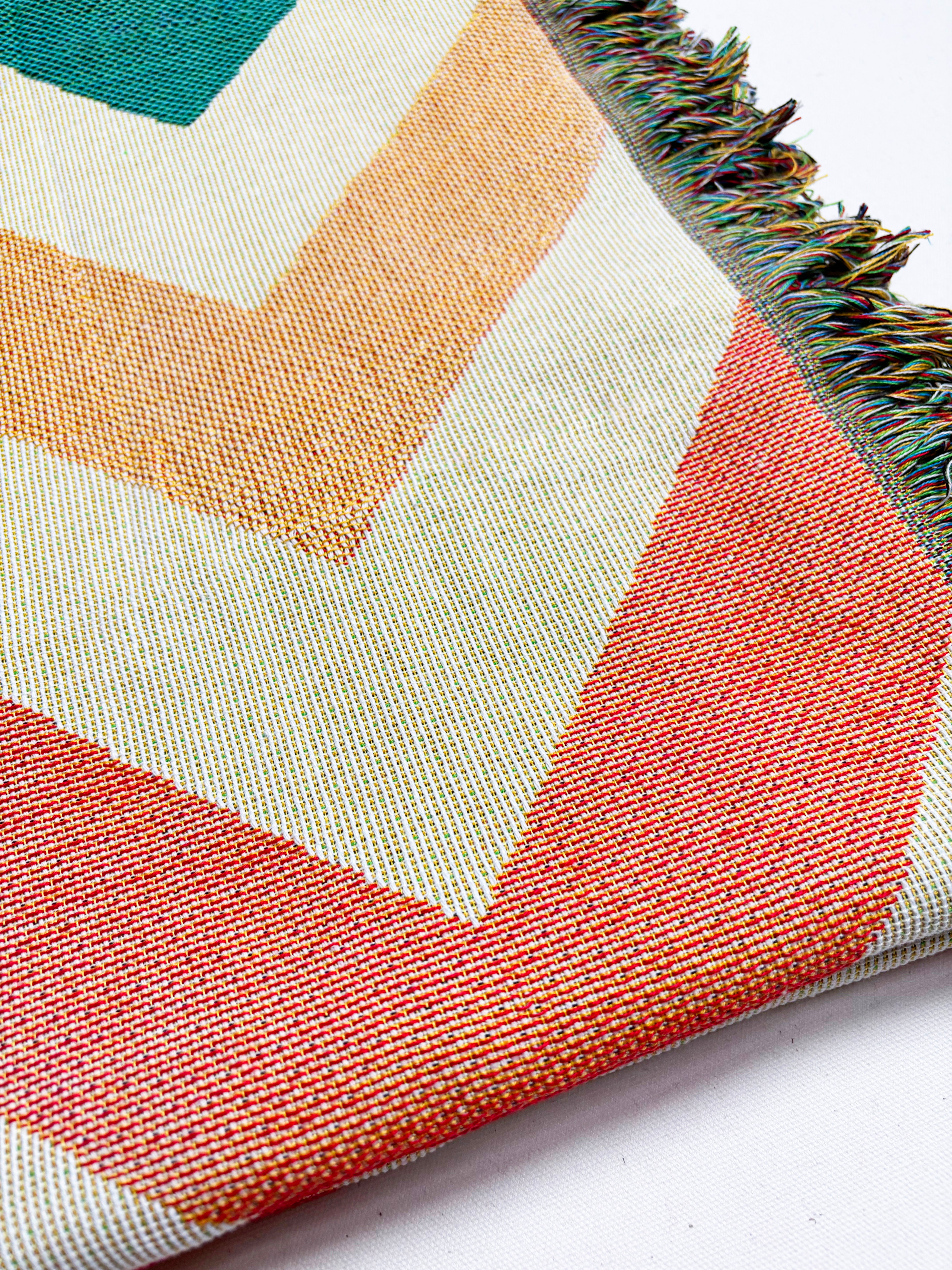 Close-up of a colorful geometric-patterned rug with chevron design on a white background.