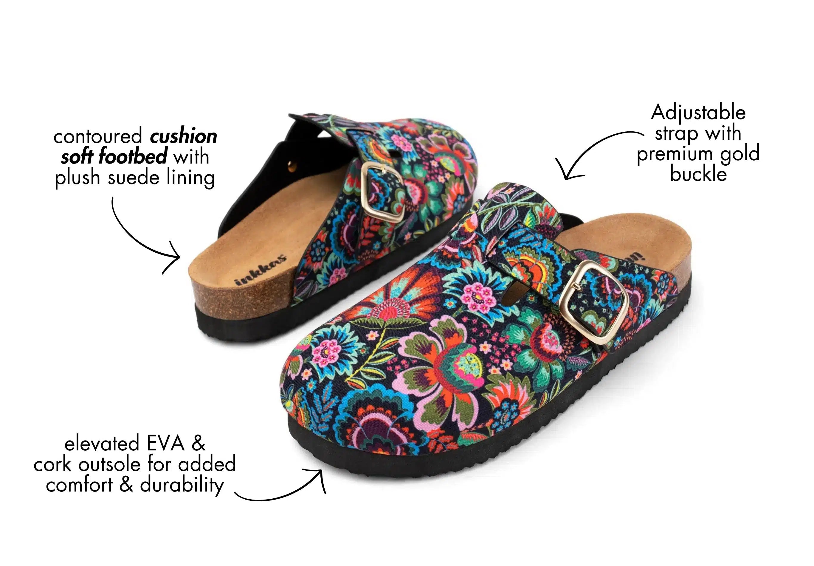 A pair of colorful floral print clogs with text callouts and arrows pointing to features like the contoured cushion, plush suede lining, adjustable strap with gold buckle, and EVA & cork outsole.