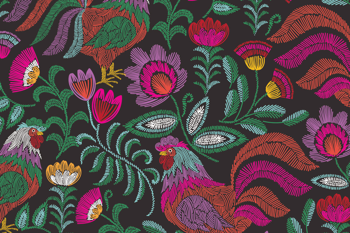 The original Inkkas Rooster artwork: hand-drawn roosters and bright flowers on a black ground