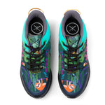 A pair of low-top sneakers shown from a top-down view on a white background. The shoes feature a dark navy base with a colorful tropical jungle print including green leaves, purple vines, and orange sloths, with bright turquoise side panels and black laces.