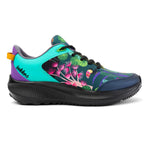 A colorful athletic sneaker by Inkkas, featuring a tropical design with a toucan, pink flowers, and green leaves on a black background. The shoe has a bright turquoise toe box, purple heel tab, and a thick black sole, shown against a plain white background.