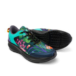 A pair of athletic sneakers shown on a white background, with one shoe displaying its colorful tropical print upper and the other showing the black textured outsole.