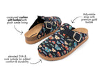 A pair of slip-on clogs with a multicolor butterfly print on a black background, shown on a white background with descriptive callout text and arrows pointing to features like the contoured cushion, adjustable strap, and cork outsole.