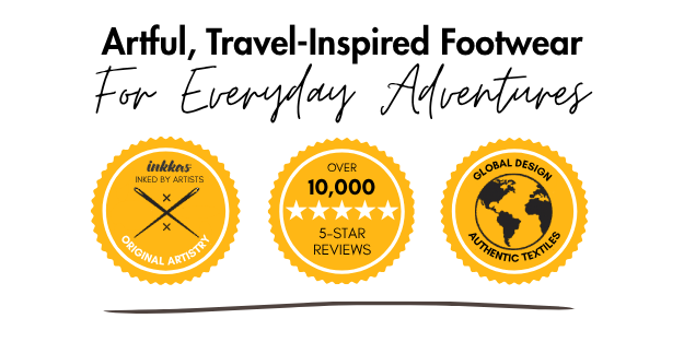 Artful, travel-inspired footwear for everyday adventures. Inked by artists. Over 10,000 5-star reviews. Global design. Authentic textiles.