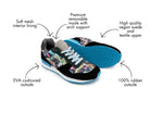 A pair of athletic sneakers shown on a white background with callout arrows and text describing features such as a soft mesh interior lining, removable insole, high-quality vegan suede upper, EVA cushioned outsole, and 100% rubber outsole.