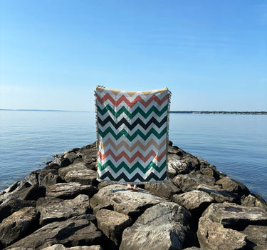 Chevron-patterned bag on rocks by a body of water with clear blue sky