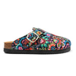 A single clog-style slip-on shoe with a vibrant multicolor floral print on a black background, featuring a cork heel, black outsole, and a gold-tone metal buckle strap, shown against a plain white background.