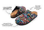 A pair of colorful floral print clogs with text callouts and arrows pointing to features like the contoured cushion, plush suede lining, adjustable strap with gold buckle, and EVA & cork outsole.